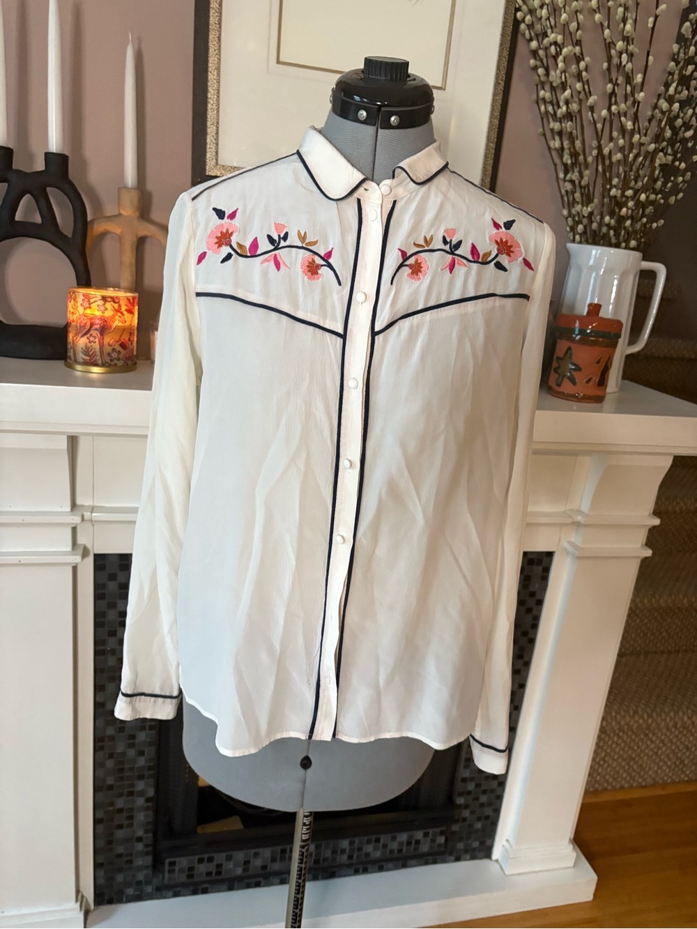 Sezane Cream Button-Down Blouse with Multicolor Floral Embroidery